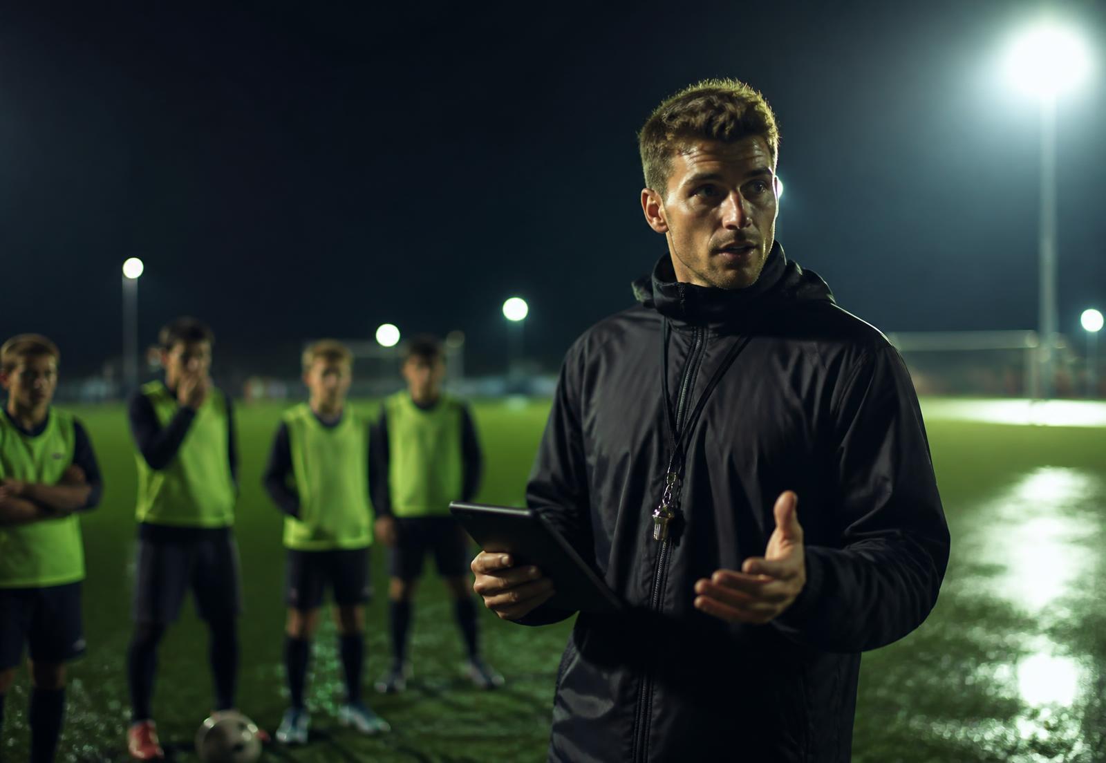 Football coach with a tablet leading a night training session